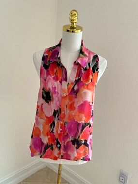 Haute Hippie Sleeveless Watercolor Floral Button-Front Blouse in Pink & Orange